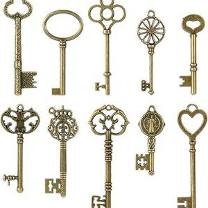 10 pc Skeleton‎ Keys Set Filigree Steampunk Antique Bronze Keys Charms Pendants